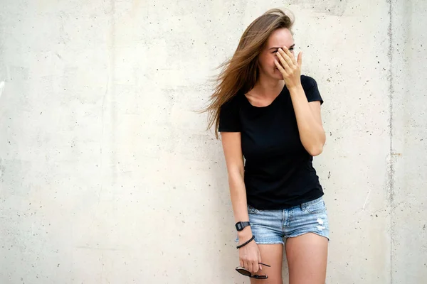 Beautiful Young Woman Wearing Blank Black Shirt Posing Gray Concrete — Stock Photo, Image