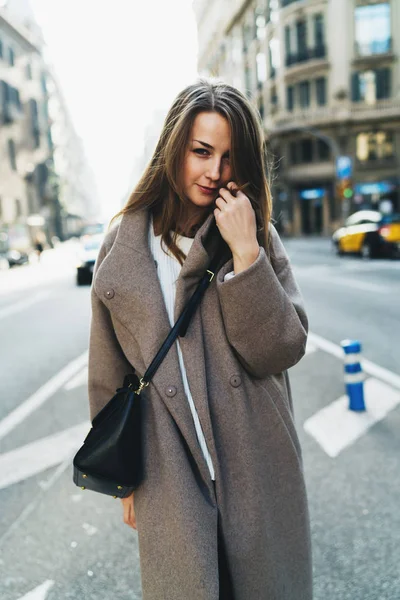 Shy Student Girl Looking Camera While Standing Blurred City Background — Stock Photo, Image