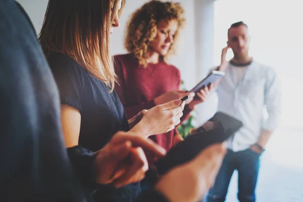 Young Hipsters Using Mobile Gadgets Colleagues Reading Important Mail Manager — Stock Photo, Image