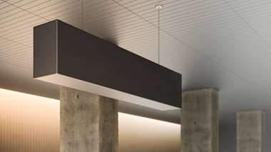 Tavandan sarkan boş siyah tabela modeli. Boş tavan yön işareti. Kamu alanındaki yatay boş ilan panosu, kamu reklamı, yeni reklama hazır. 3d hazırlayıcı