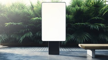 Reklam veya reklam afişi içeriği için boş bir fotokopi ekranı olan bir şehir caddesindeki reklam panosunu temizle. Yeşil şehir bölgesinde bilgi almak için ışık kutusunu boşalt. Boş ekran 3D görüntüleyici