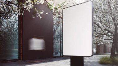 Arka planda çiçek açan bir ağacın olduğu bir sokakta duran boş bir bilgi panosu. Modern şehir binasının yanındaki boş reklam afişi. Beyaz boş şehir reklam panosu modeli. 3d hazırlayıcı.