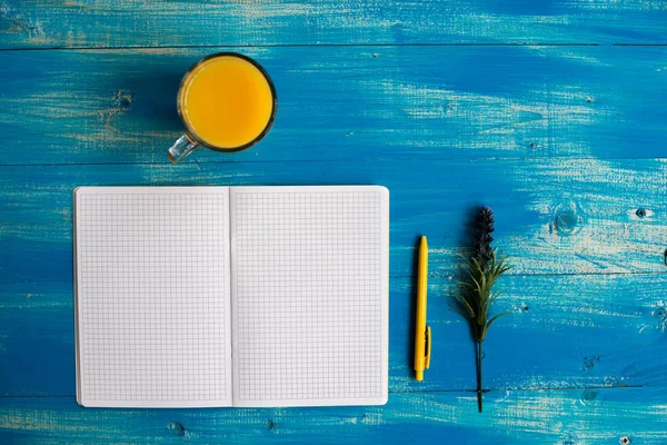 Notebook, comida saudável, suco de laranja — Fotografia de Stock