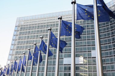 Avrupa Birliği bayrakları Avrupa Komisyonu önünde rüzgarı dalgalandırıyor. Brüksel, Belçika - 02 Mar 2011