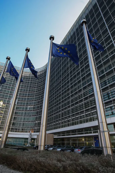 Vlajky EU poblíž Evropský parlament, Brusel, Belgie - 02 březen 2011 — Stock fotografie