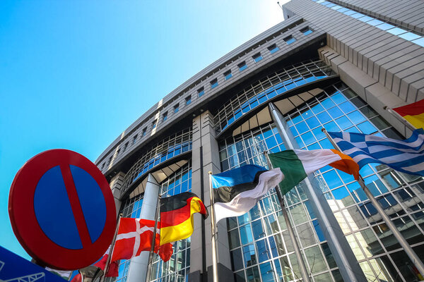 EU Flags outside The European Parliament, Brussels, Belgium - 02 Mar 2011