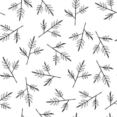 Dikişsiz el dal ve yaprakları ile çizilmiş desen. Siyah ve beyaz vektör çizim 