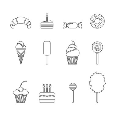 Tatlı Icon set. İzole tatlı gıda düz sembolü. Vektör işareti illüstrasyon whit üzerinde
