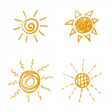 Elle çizilmiş sarı güneşin küme. Vektör çizim üzerinde beyaz