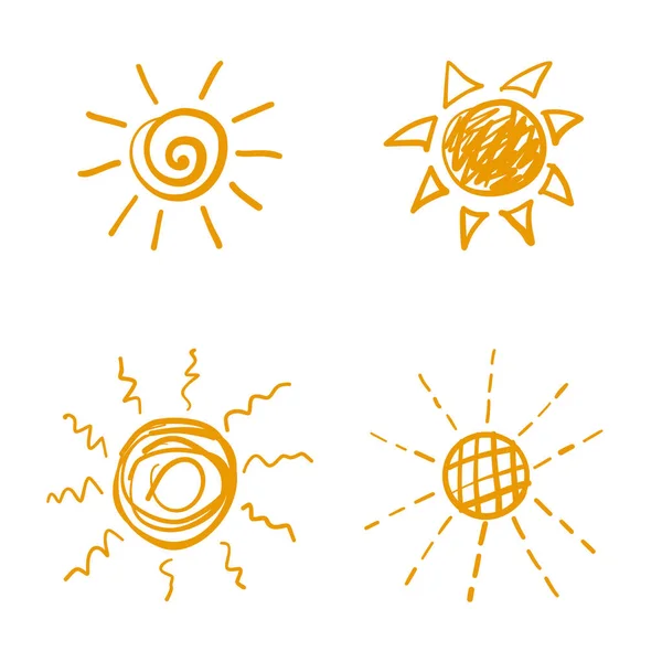 手描きの黄色の太陽のセット 白のベクトル図 — ストックベクタ