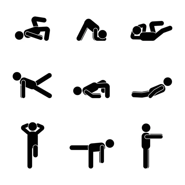 Übt Körpertraining Stretching Mann Strichmännchen Gesunder Lebensstil Vektor Illustration Piktogra — Stockvektor