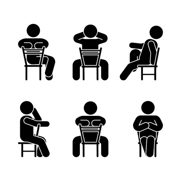 Woman people various sitting position. Posture stick figure. Vector seated person icon symbol sign pictogram on white