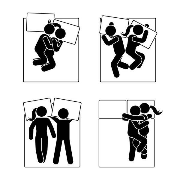 Stick figure different sleeping position set. Vector illustration of different dreaming couple poses icon symbol sign pictogram on white
