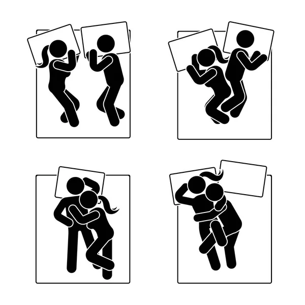 Stick Figure Position Sommeil Différente Réglée Illustration Vectorielle Différents Couples — Image vectorielle