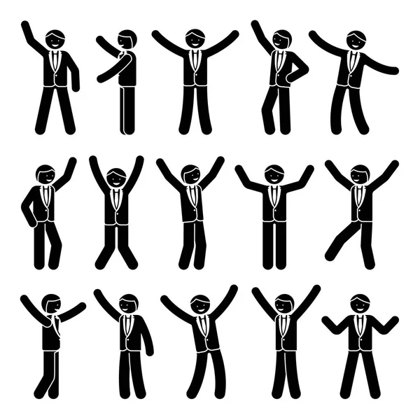 スティック図幸福 モーション ビジネスマン セット お祝いのベクトル イラスト ポーズ黒と白のピクトグラム — ストックベクタ