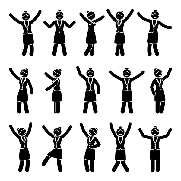 スティック図幸せ お祝い 動き女性セット お祝いのベクトル イラスト ポーズ黒と白のピクトグラム — ストックベクタ