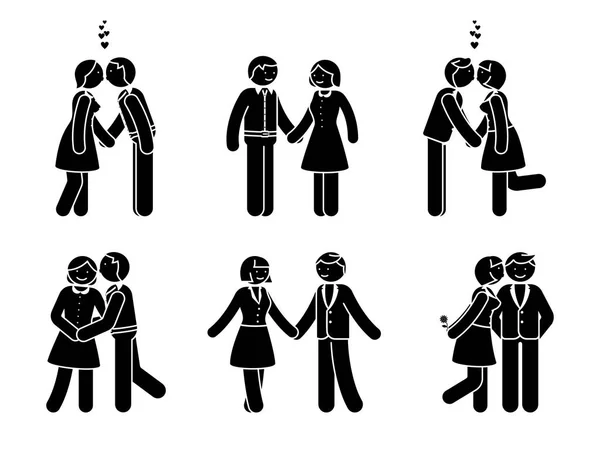 Zestaw Stick Figure Para Całuje Mężczyzna Kobieta Ilustracji Wektorowych Miłości — Wektor stockowy