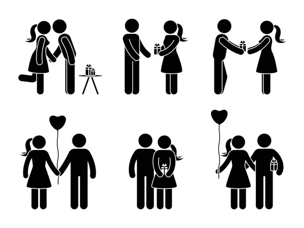 スティック図カップル ギフト セット 男と女の愛のベクトル図です 彼氏と彼女 抱き締めて 現状と保持手ピクトグラムを与える — ストックベクタ