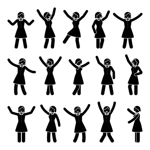 Stick Figure Happiness Freedom Winner Woman Set Vector Illustration Celebration — Stock Vector