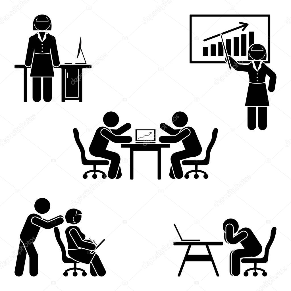 Stick figure office poses set. Business finance workplace support. Working, sitting, talking, meeting, training, discussing vector pictogram 