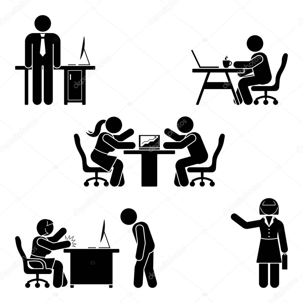 Stick figure office poses set. Business finance workplace support. Working, sitting, talking, meeting, training, discussing vector pictogram 