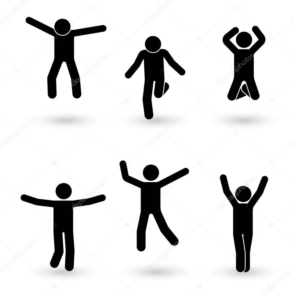 Stick figure happiness, freedom, jumping, motion set. Vector illustration of celebration poses pictogram