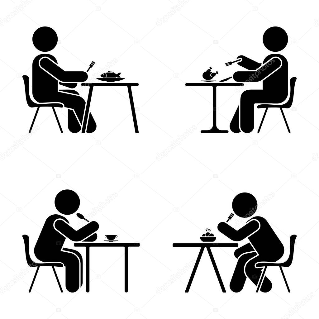 Eating and sitting vector pictogram. Stick figure black and white boy set symbol icon on white