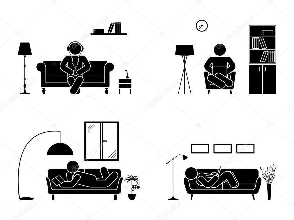 Stick figure resting at home position set. Sitting, lying, reading book, listening to music, using laptop vector icon relaxing posture on sofa and armchair. Furniture silhouette pictogram