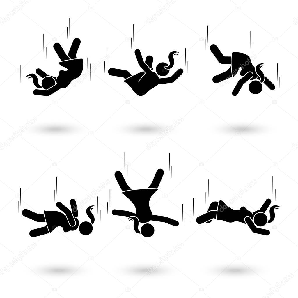 Falling woman stick figure pictogram. Different positions of flying person icon set symbol posture on white