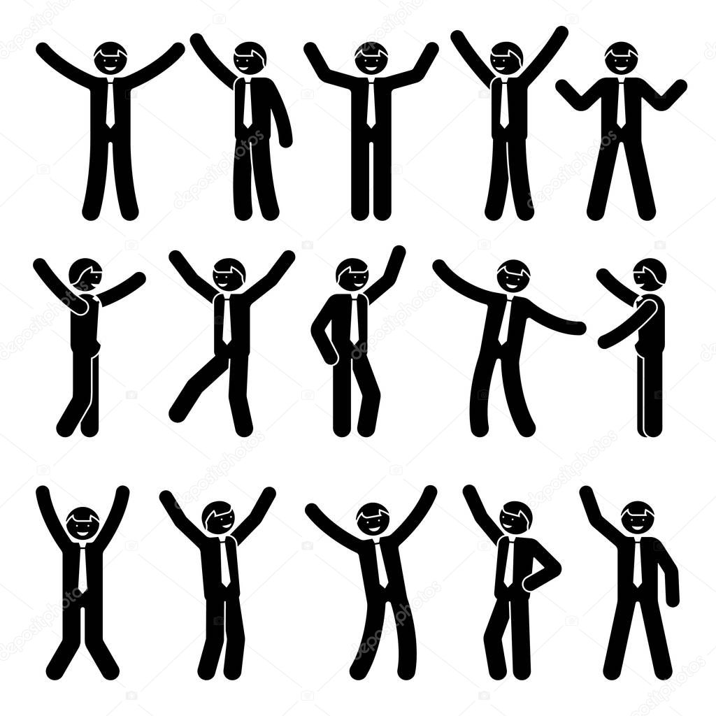Stick figure happy, funny, motion businessman set. Vector illustration of celebration poses black and white pictogram