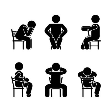 Adam insanlar çeşitli pozisyon oturma. Duruş sopa rakam. Vektör kişi simgesi simgesi işareti sembol beyaz üzerine oturmuş