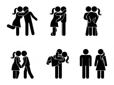 Stick figure kissing couple set. Man and woman in love vector illustration on white. Boyfriend and girlfriend hugging, cuddling and holding hand pictogram clipart