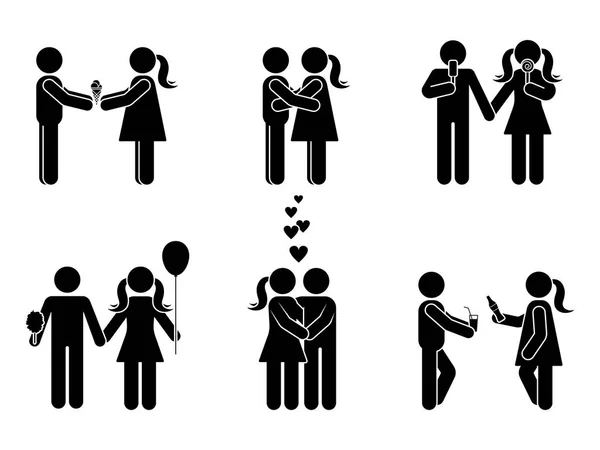 スティック図別のロマンチックな位置のセット 愛のアイコン シンボル記号絵文字白地の雄と雌のベクトル イラスト — ストックベクタ