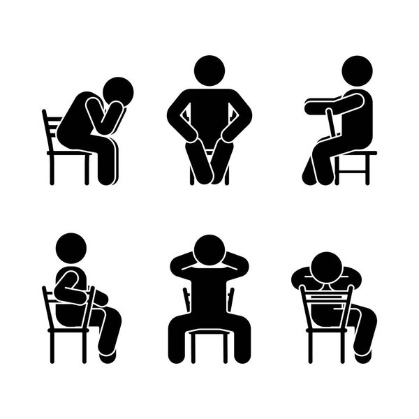 Man people various sitting position. Posture stick figure. Vector seated person icon symbol sign pictogram on white