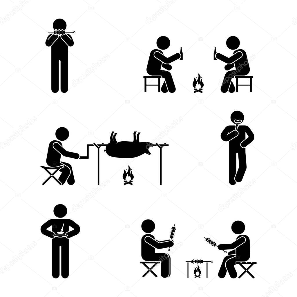 Stick figure picnic set. Vector illustration of barbecue position pictogram