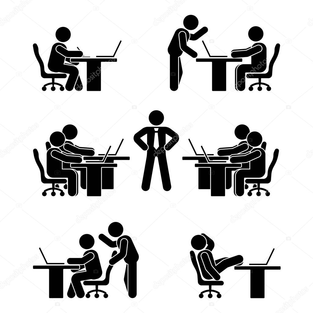 Stick figure poses set. Business finance chart person pc icon. Employee solution vector pictogra