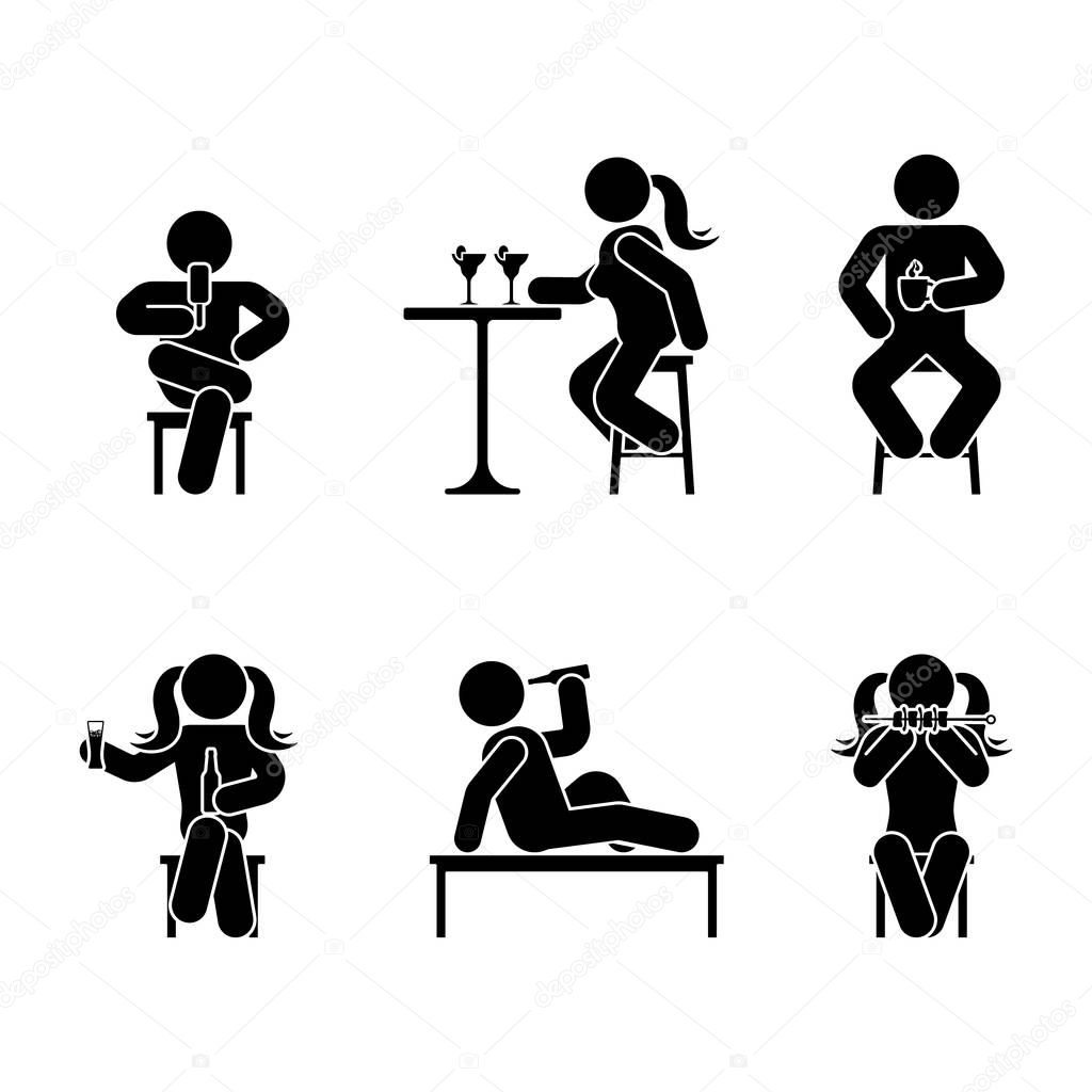 Man people various sitting, eating and drinking position. Posture stick figure. Vector seated person icon symbol sign pictogram on white