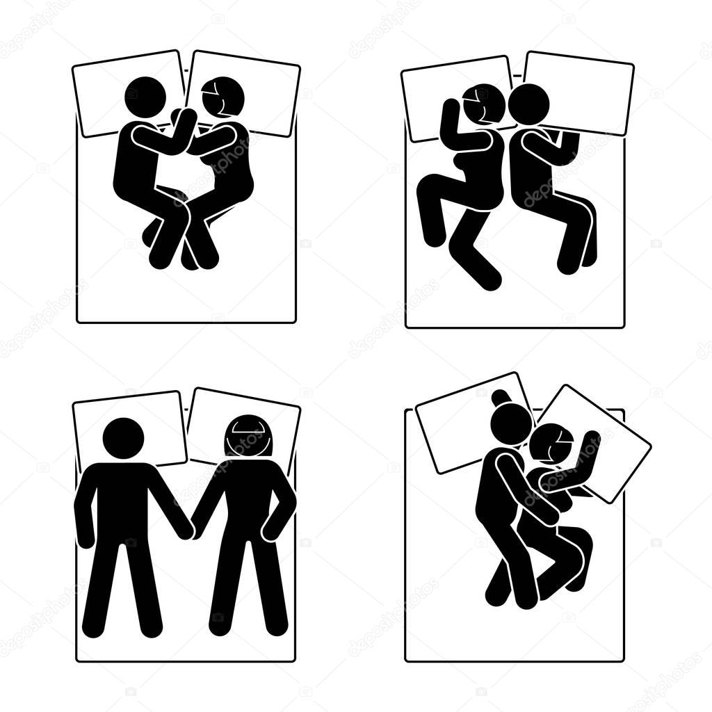Stick figure different sleeping position set. Vector illustration of different dreaming couple poses icon symbol sign pictogram on white