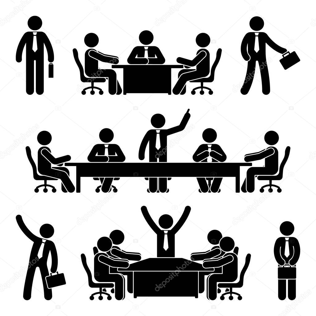 Stick figure business meeting set. Finance chart person pictogram icon. Employee solution marketing discussion