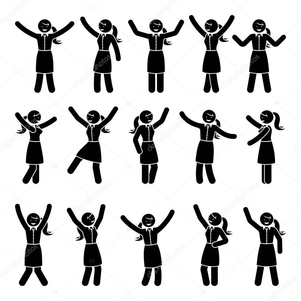 Stick figure happiness, hands up, motion woman set. Vector illustration of celebration poses black and white pictogram