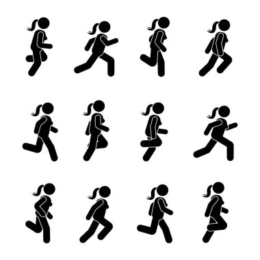 Kadın insanlar çeşitli çalışan konum. Duruş sopa rakam. Kişi simgesi simgesi işareti sembol beyaz üzerine poz, vektör çizim