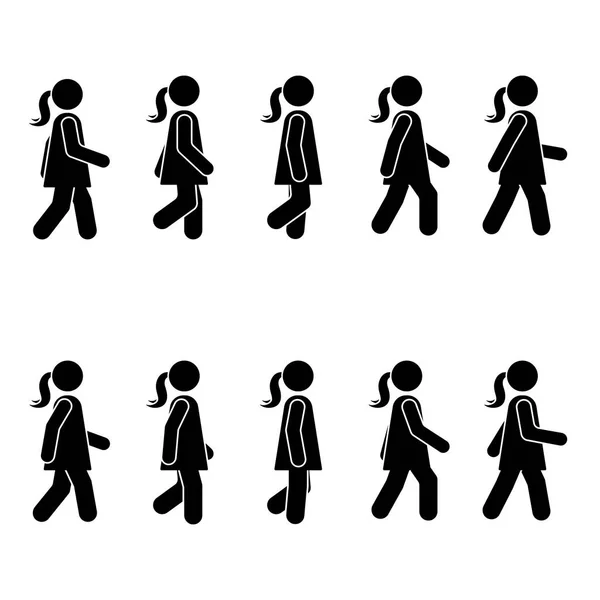 Femme Personnes Diverses Position Marche Figure Bâton Posture Pictogramme Signe — Image vectorielle