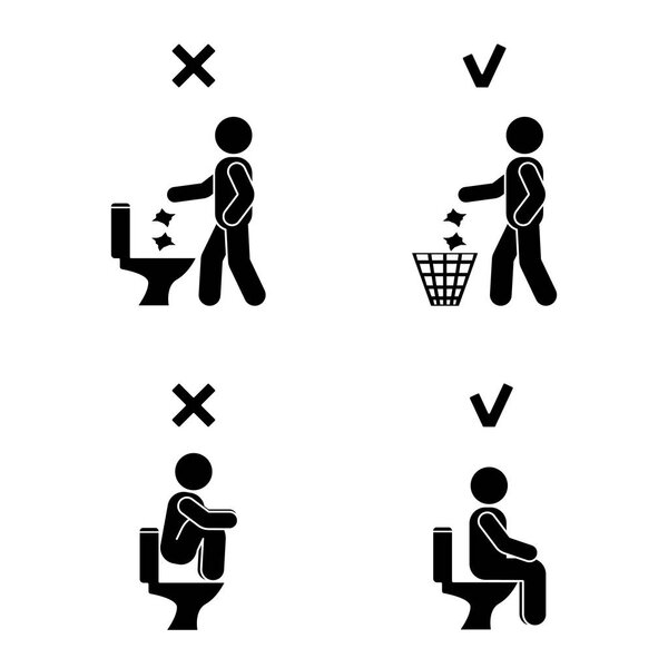 Right and wrong man people position in closet. Posture stick figure. Vector illustration of posing person icon symbol sign pictogram in toilet