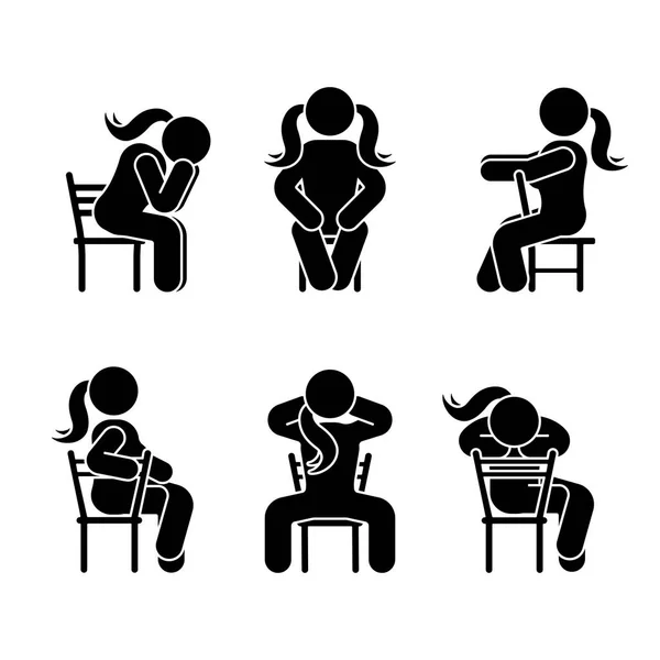 女性の様々 な位置に座って人々 します 姿勢スティック図 座っている人のアイコン シンボル記号絵文字白地をベクトルします — ストックベクタ