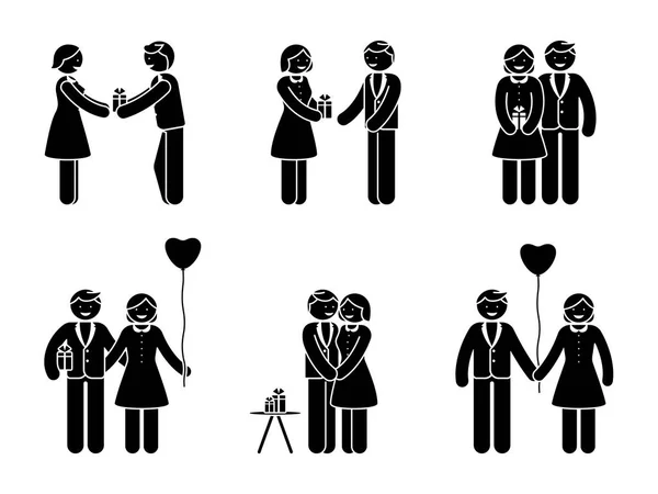 スティック図贈り物に幸せなカップル 男と女の愛のベクトル図です 彼氏と彼女 抱き締めて 現状と保持手ピクトグラムを与える — ストックベクタ