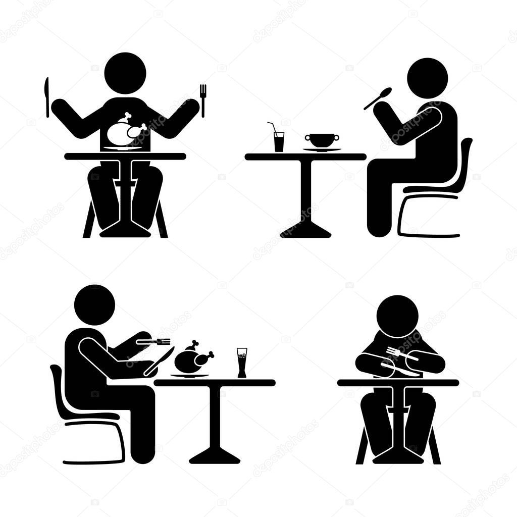 Eating and drinking pictogram. Stick figure black and white boy se