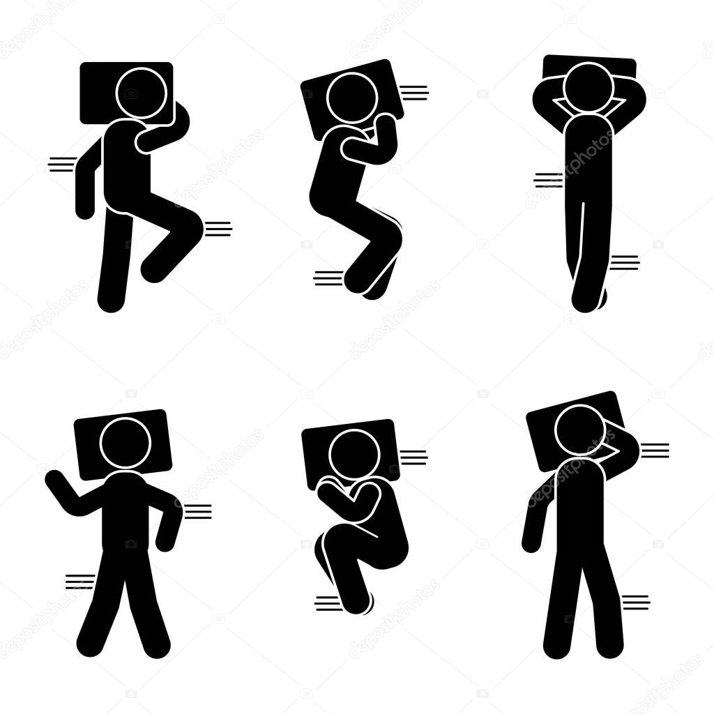 Stick figure different sleeping position set. Vector illustration of dreaming person icon symbol sign pictogram on whit