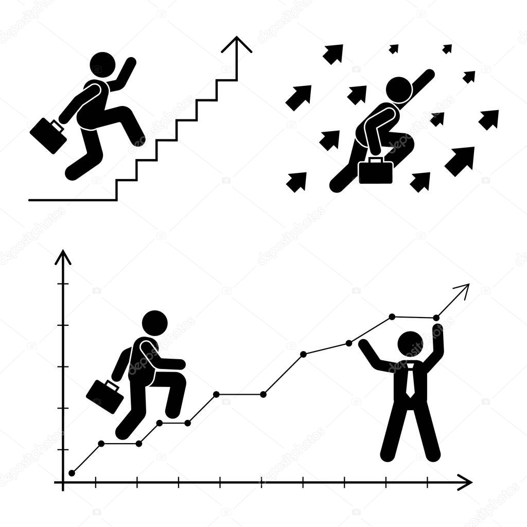 Stick figure poses set. Business finance chart person icon. Employee solution vector pictogram