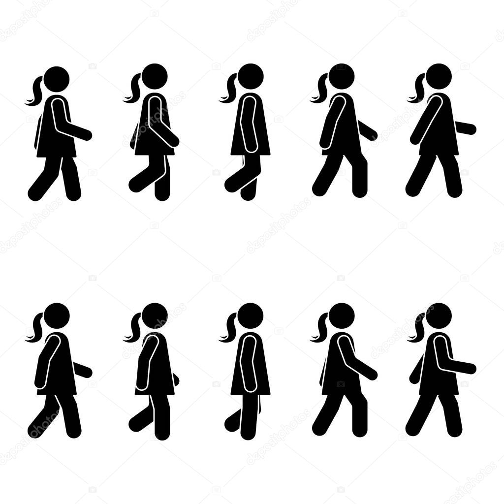 Woman people various walking position. Posture stick figure. Vector standing person icon symbol sign pictogram on white
