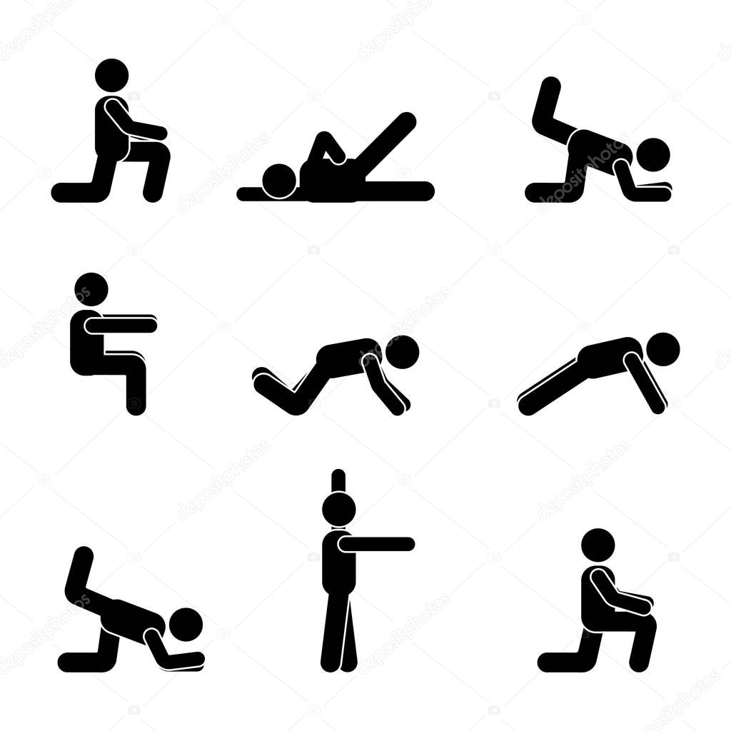 Exercises body workout stretching man stick figure. Healthy life style vector pictogra